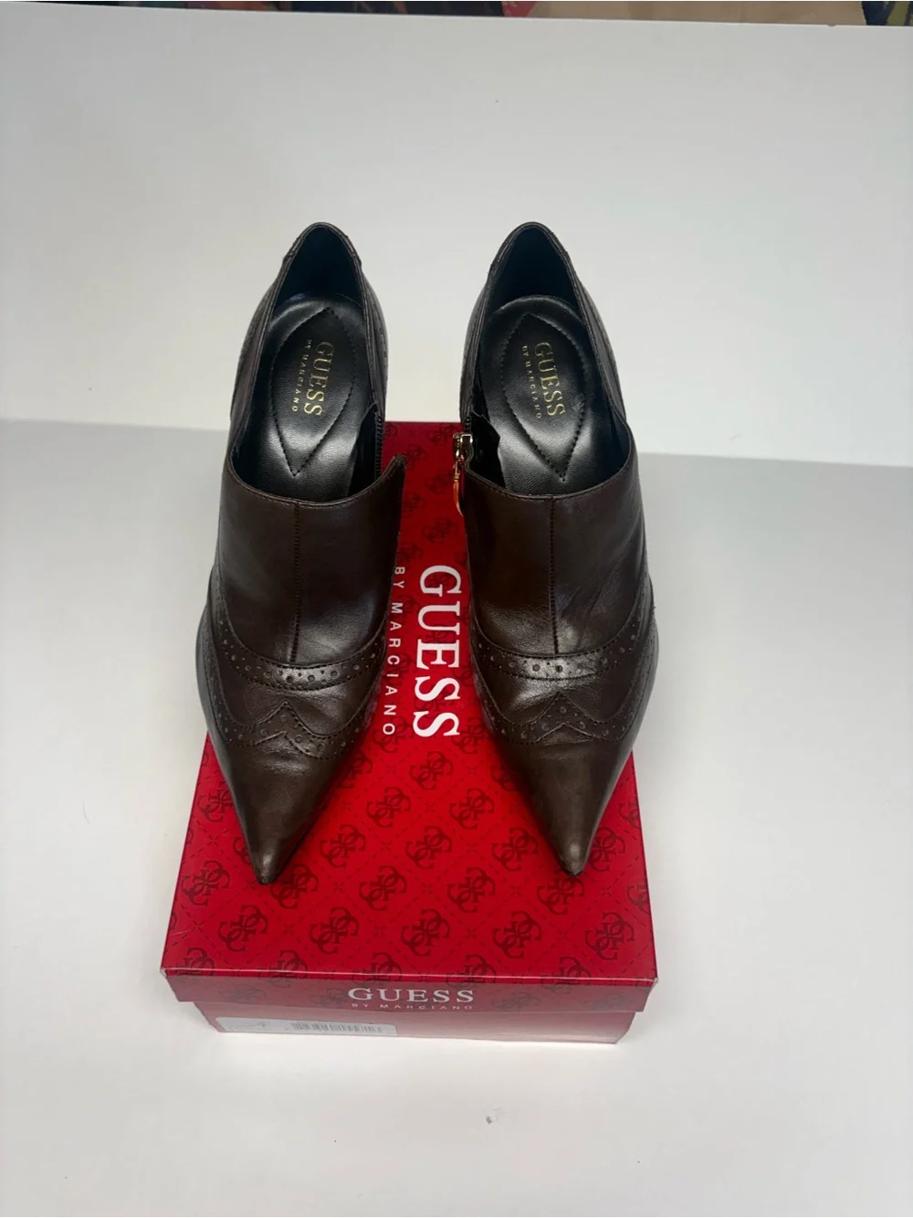 GUESS Dark Brown Leather Pointed Toe High Heel Booties